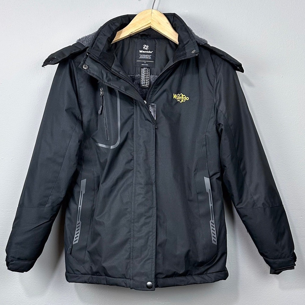 Wantdo Ski Jacket Womens S‎ Black Hooded Waterproof Insulated Winter Coat Fleece